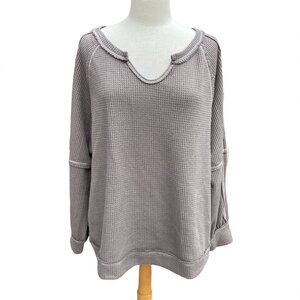 Andree by Unit Waffle Knit Top Cement Gray Thermal Grunge Split Neck Slouchy-2X